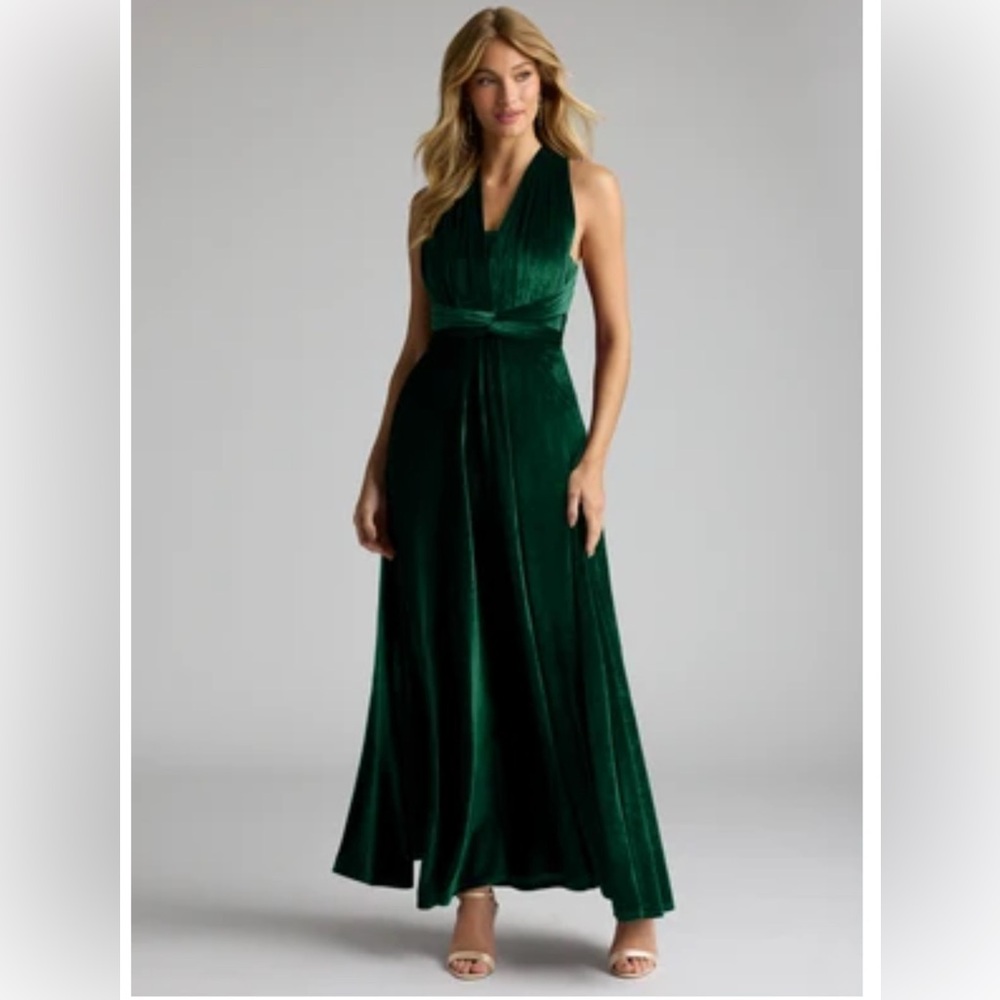 Azazie Infinity Velvet Wrap A-Line Dress, Emerald, One Size Plus